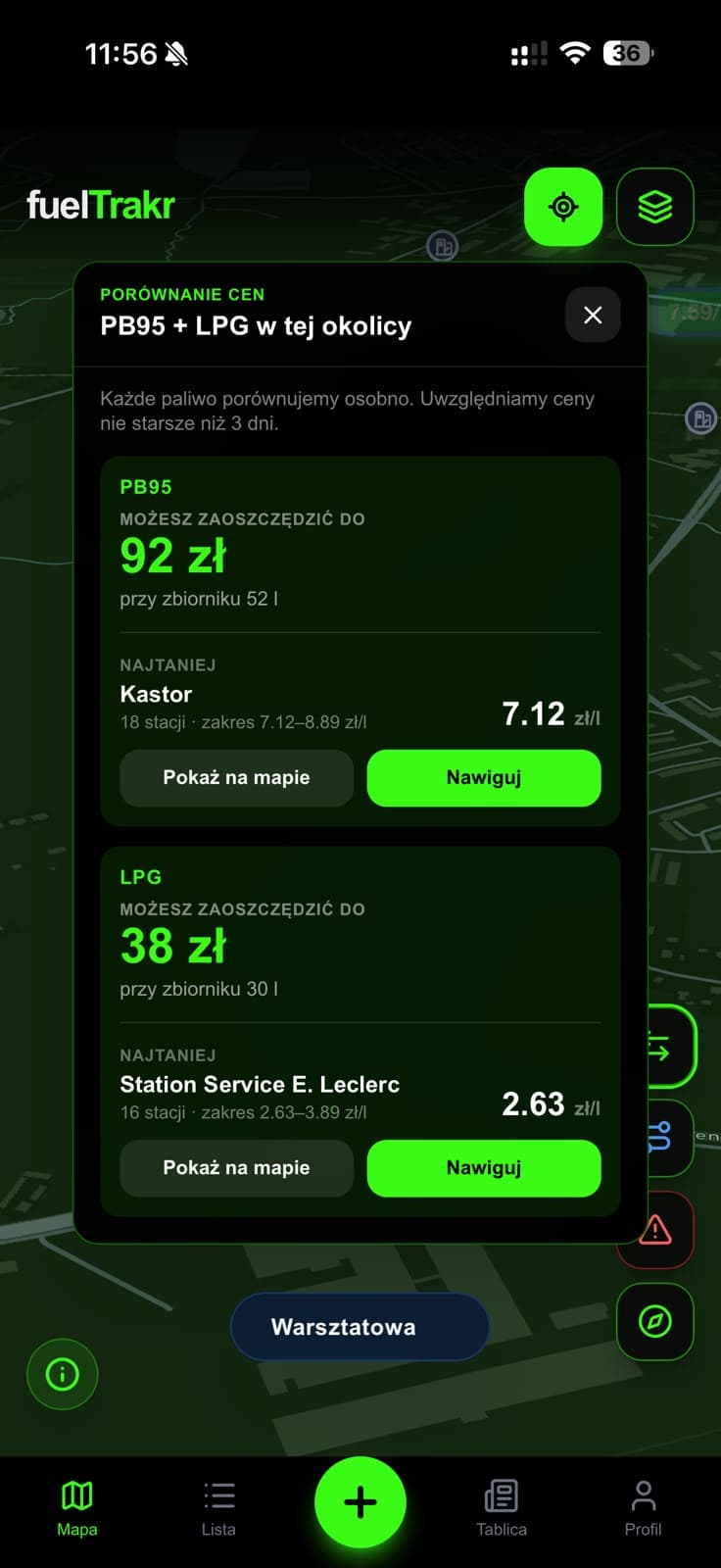 Porównanie w aplikacji: PB95 od 7,12 do 8,89 zł/l, 52 l, około 92 zł różnicy; LPG porównane osobno.